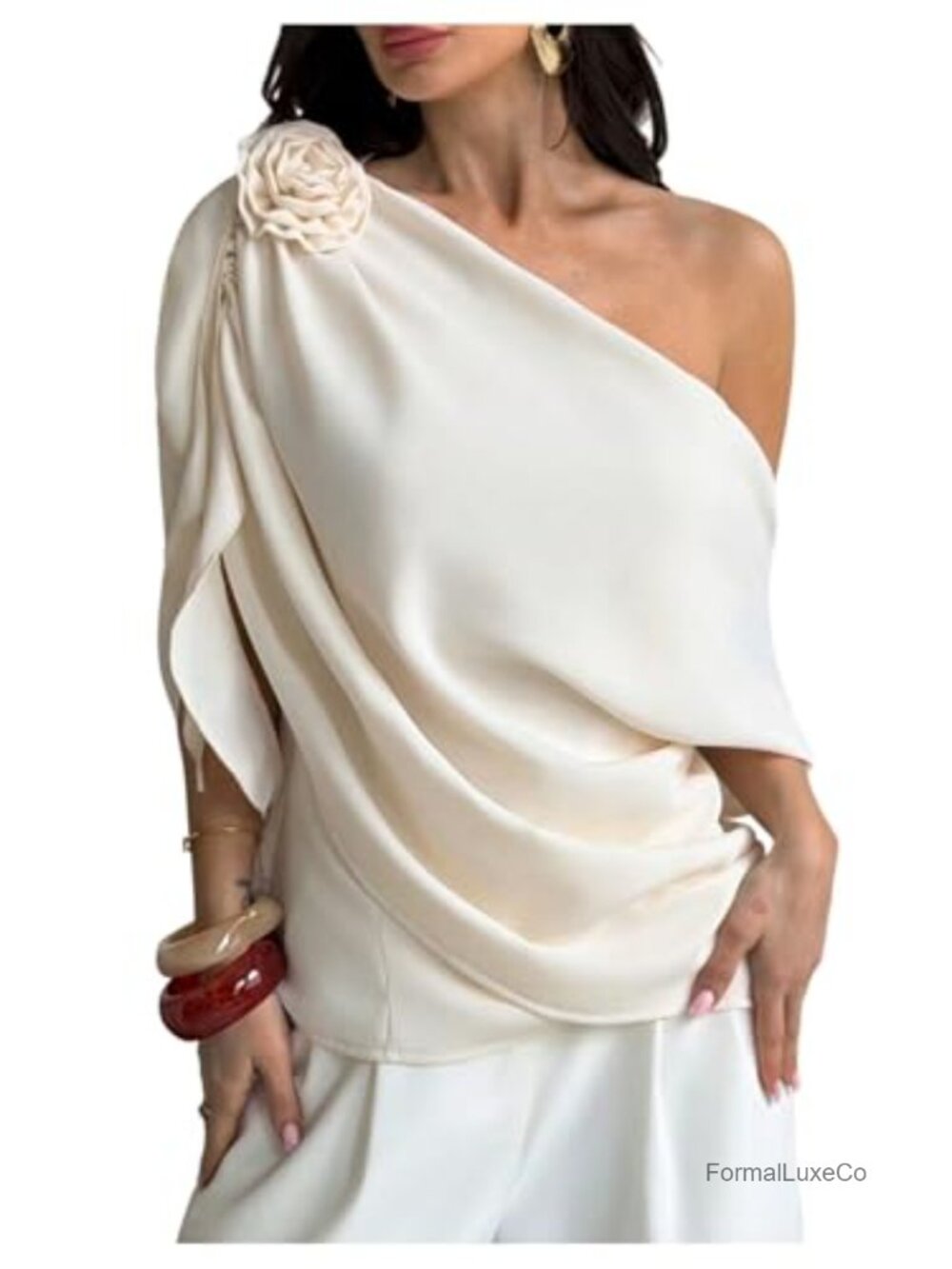 Women's Off Shoulder Ruched Cowl Neck Blouse 3D Flower Applique Short Sleeve